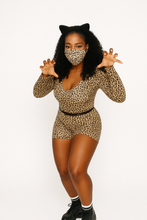 Load image into Gallery viewer, Person wearing a leopard print outfit with cat ears and a mask on a white background

